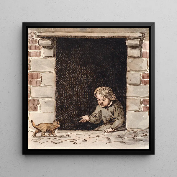 a boy sitting in a cellar attracting a puppy - P. C. Skovgaard — framed artwork on a wall