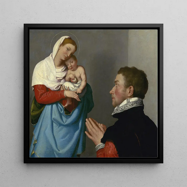 a Gentleman in Adoration before the Madonna - Giovanni Battista Moroni — framed artwork on a wall
