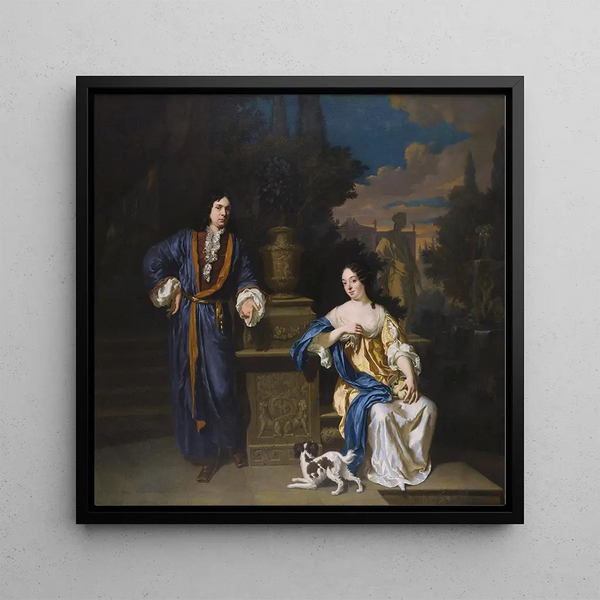 a gentleman and a lady in a park - Jan Verkolje — framed artwork on a wall