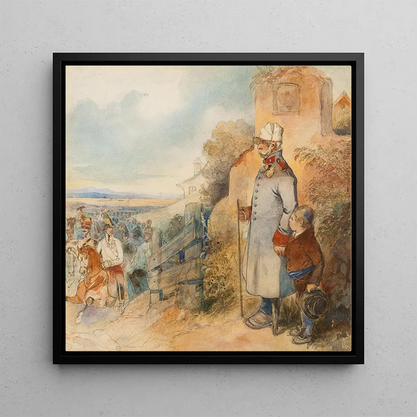 a grandfather and his grandson observing Archduke Karl of Austria-Teschen in a general's uniform after the victorious Battle of Aspern - Friedrich Johann Treml — framed artwork on a wall