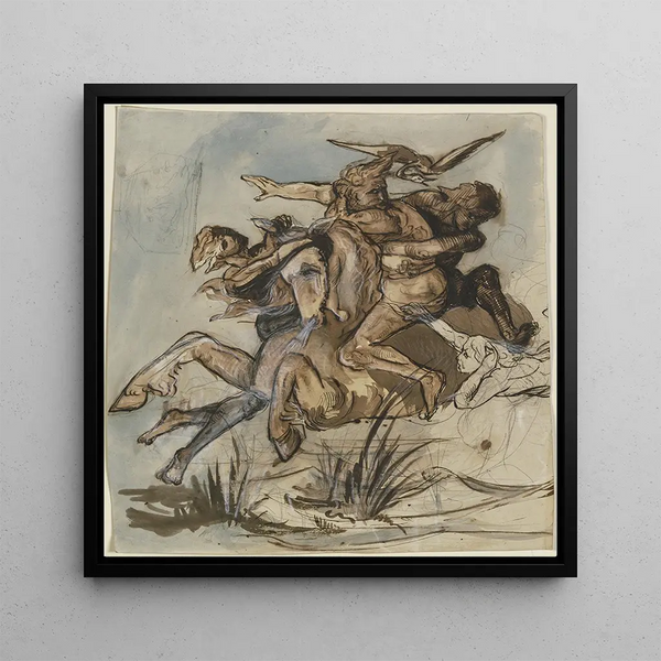 a painting of a bearded man accompanied by a bird on a galloping horse, three figures trying to defeat the other - Victor Müller — framed artwork on a wall