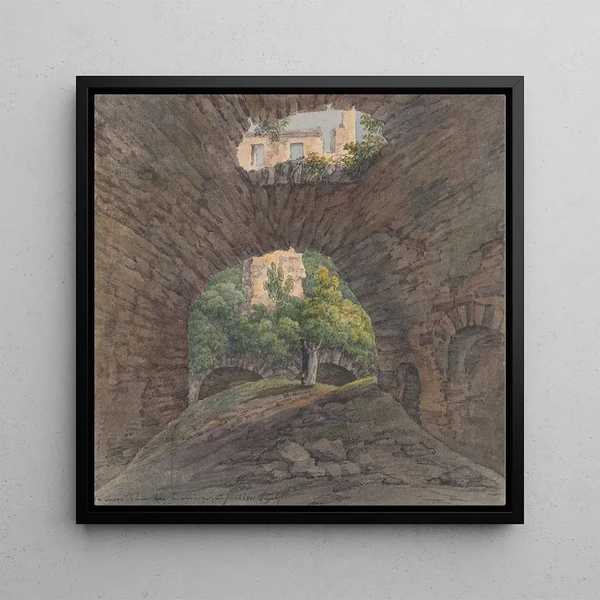 A young couple admiring ruins near Bingen - Christian Georg Schütz the Younger — framed artwork on a wall