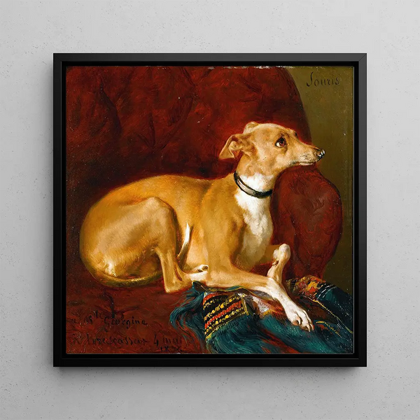 a painting of a greyhound resting on a chair - Jacques-Raymond Brascassat — framed artwork on a wall
