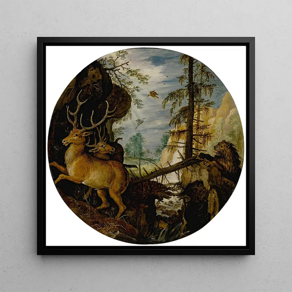 a lion hunting two deer - Roelant Savery — framed artwork on a wall