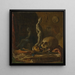 a skull mask, a statuette of a sword, and a book on a table in an artist's studio, oil on copper - French School — framed artwork on a wall