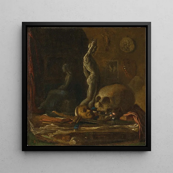 a skull mask, a statuette of a sword, and a book on a table in an artist's studio, oil on copper - French School — framed artwork on a wall
