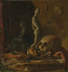 a skull mask, a statuette of a sword, and a book on a table in an artist's studio, oil on copper - French School — artwork view