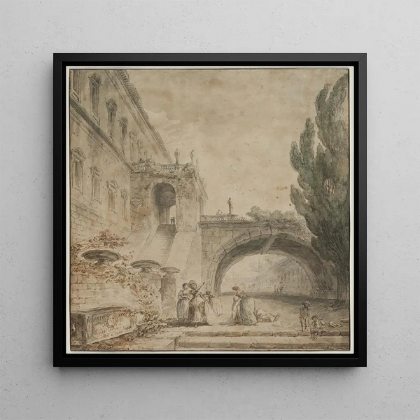 a palace with an arch bridge, a Roman villa - Hubert Robert — framed artwork on a wall