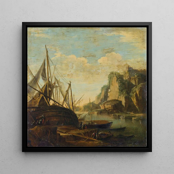a Mediterranean coastal landscape with a ship - Salvator Rosa — framed artwork on a wall