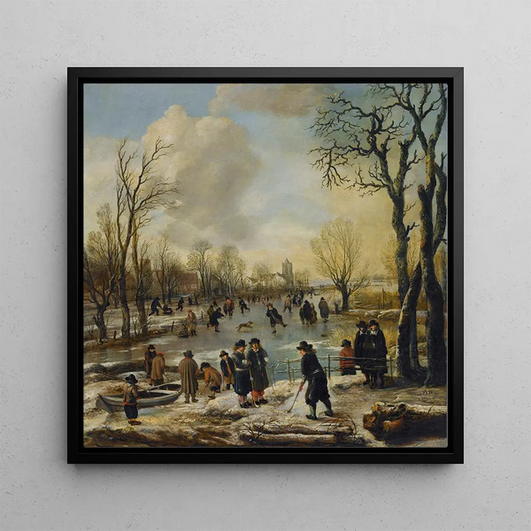 a winter landscape with villagers skating and playing kolf on a frozen canal, a village in the distance - Aert van der Neer — framed artwork on a wall