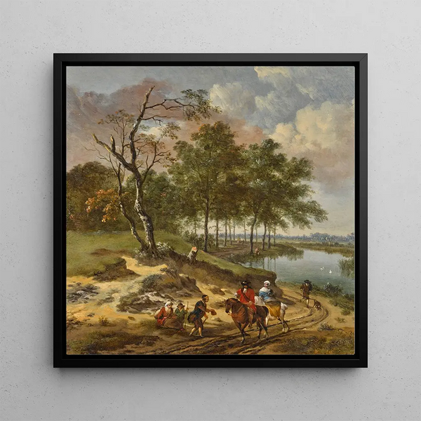 a river landscape with elegant travelers and a beggar in a dune landscape - Jan Wijnants — framed artwork on a wall
