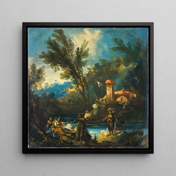 a wooded river landscape with figures - Antonio Francesco Peruzzini — framed artwork on a wall
