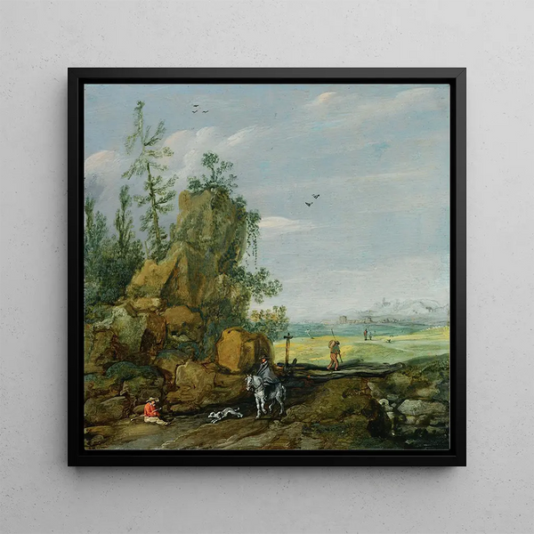 a rocky landscape with travelers and a rider on a path, view of a city in the distance - Esaias van de Velde — framed artwork on a wall