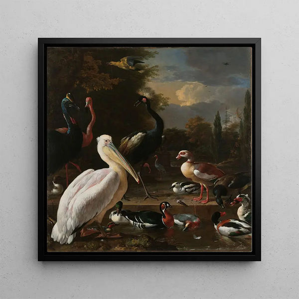 a pelican and other birds near a pond known as The Floating Feather - Melchior d'Hondecoeter — framed artwork on a wall