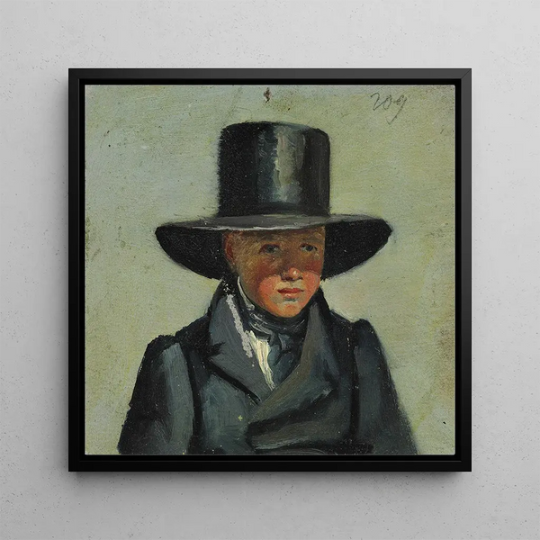A Little Boy with a Big Hat - Julius Friedländer — framed artwork on a wall