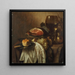 a tin plate with a knife and a small bread, a wicker basket with a piece of ham, grapes, and a pear, a wine roemer on a partially draped table - Cornelis Kruys — framed artwork on a wall