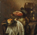 a tin plate with a knife and a small bread, a wicker basket with a piece of ham, grapes, and a pear, a wine roemer on a partially draped table - Cornelis Kruys — artwork view