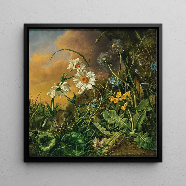 a Forest floor with daisies, primroses, and dandelions - Franz Xaver Petter — framed artwork on a wall