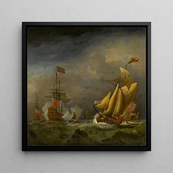 an English warship saluting an English royal yacht in rough seas - Circle of Willem van de Velde the Younger — framed artwork on a wall