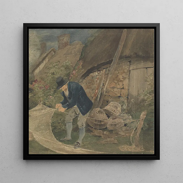 an old fisherman repairing nets with a house in the background - John Thirtle — wall display of the artwork