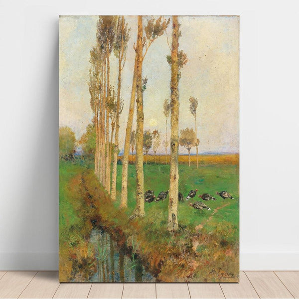 Reproduction of the painting of a painting titled "Une avenue bordée de peupliers avec des dindes" by Marie Egner