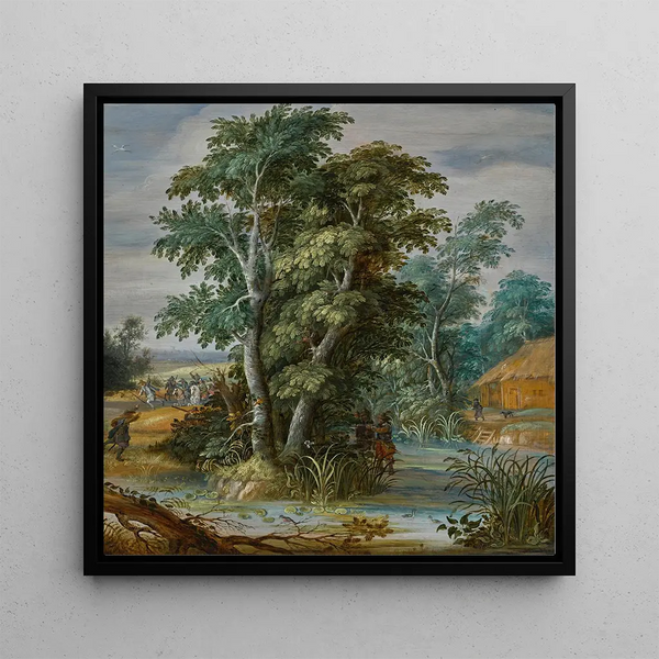 An ambush in a wooded landscape - Alexander Keirincx — framed artwork on a wall