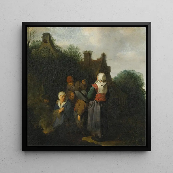a family of peasants gathered in front of an open fire - Cornelis Pietersz Bega — framed artwork on a wall
