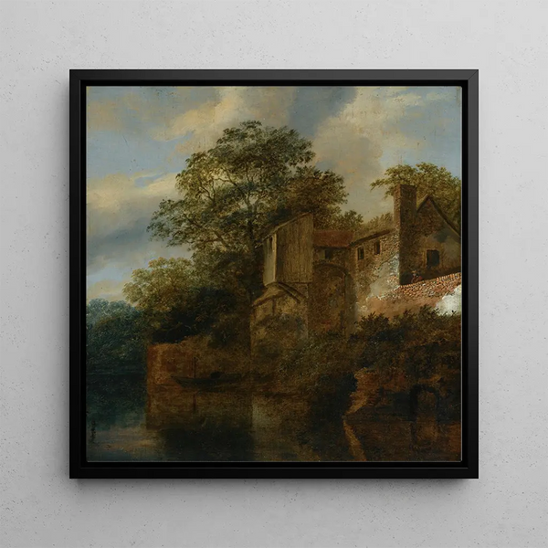 a standing figure near a stone house by a river - Cornelis Gerritsz Decker — framed artwork on a wall