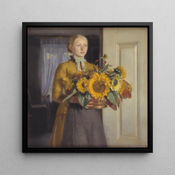 A girl with sunflowers - Michael Ancher — framed artwork on a wall
