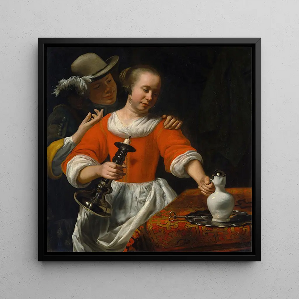 a young woman and a rider - Cornelis Bisschop — framed artwork on a wall