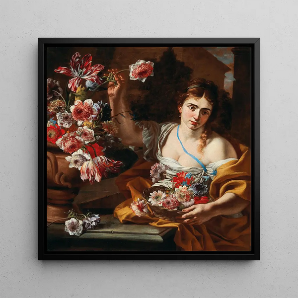 a young woman picking a flower from a vase - Abraham Brueghel — framed artwork on a wall