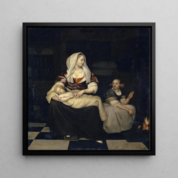 A mother with her child and a servant - Jacob Ochtervelt — framed artwork on a wall