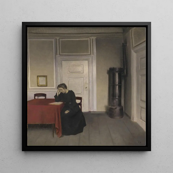 a room in the artist's house at Strandgade, Copenhagen, with the artist's wife - Vilhelm Hammershøi — framed artwork on a wall
