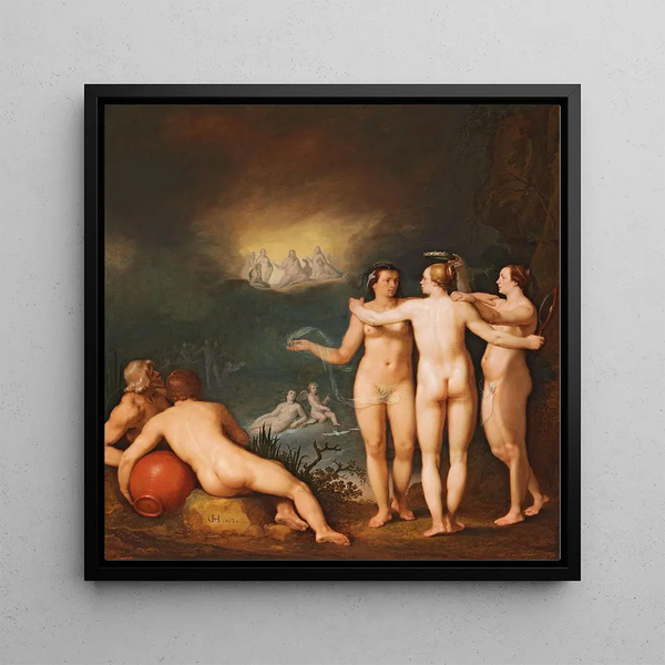 An allegorical scene featuring the Three Graces Aglaia - Cornelis Cornelisz Van Haarlem — framed artwork on a wall