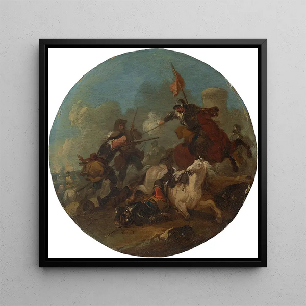 a Battle Scene with a Fallen Horse - August Querfurt — framed artwork on a wall