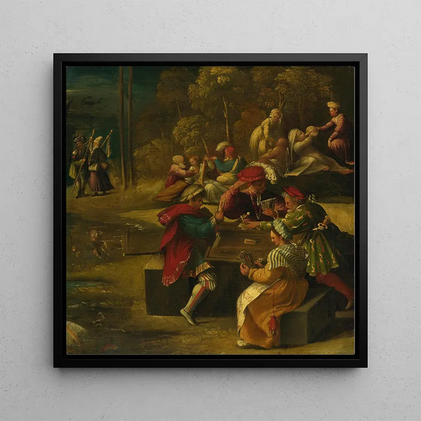 a scene from Virgil's Aeneid from the frieze of Alfonso I d'Este in the alabaster cabinet - Dosso Dossi — framed artwork on a wall