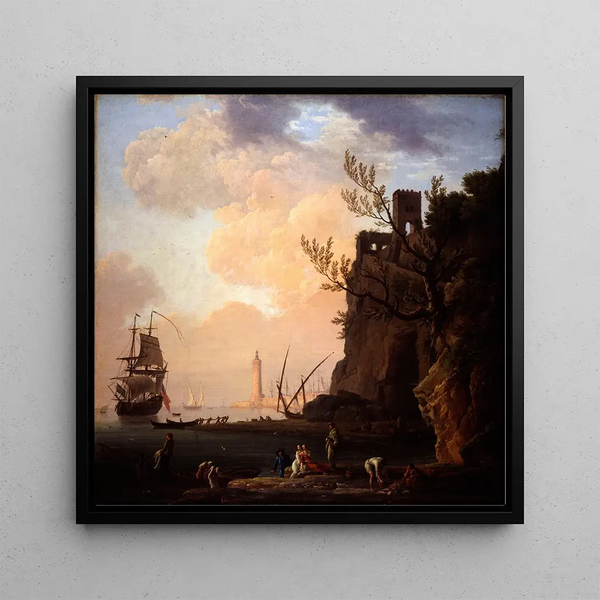 a port scene in the Italian style - Claude-Joseph Vernet — framed artwork on a wall