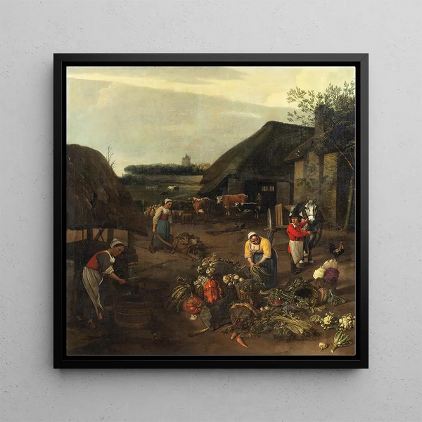 a village scene with peasants at work - Jan Siberechts — framed artwork on a wall