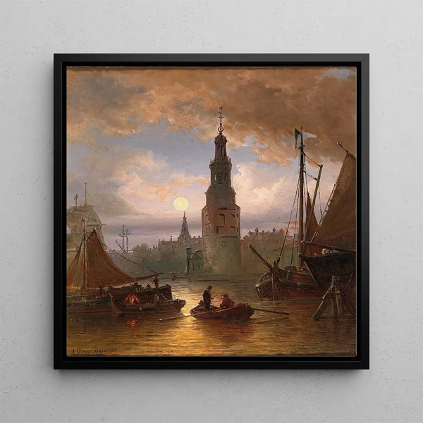 a View of Amsterdam by Moonlight - Elias Pieter van Bommel — framed artwork on a wall