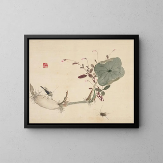 Studies of nature: plants, fish and birds, lotus tuber with insects - Urakami Shunkin — framed artwork on a wall