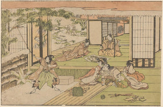 Five Figures Looking at a Man Tying a Bamboo - Utagawa Kuninao — artwork view