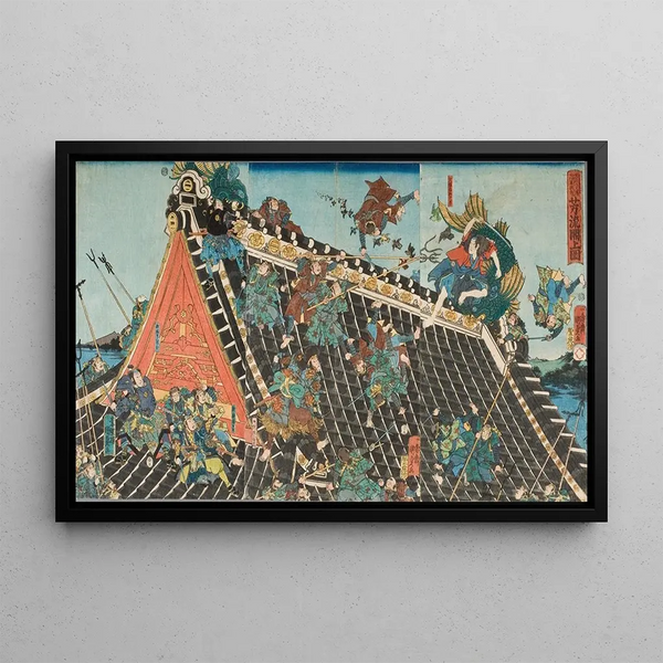 Battle on the Roof of Hrykaku from the play Tale of the Eight Dogs Hakkenden - Utagawa Kunisada II — framed artwork on a wall