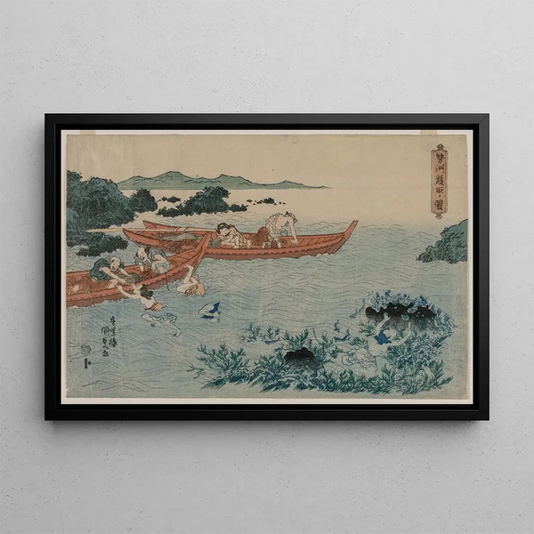 Abalone Divers off the coast of Ise - Utagawa Kunisada Toyokuni III — framed artwork on a wall