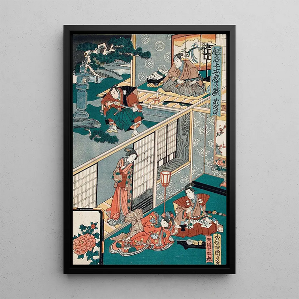Act II Wakasanosuke Observant Honzô Wiping His Sword After Cutting a Pine Branch Konami Receiving Rikiya with Refreshment - Utagawa Kunisada Toyokuni III — framed artwork on a wall