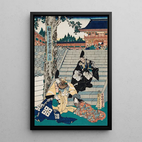 Act I Enya and Dame Kaoyo Trying to Pacify Wakasanosuke and Moronao - Utagawa Kunisada Toyokuni III — framed artwork on a wall