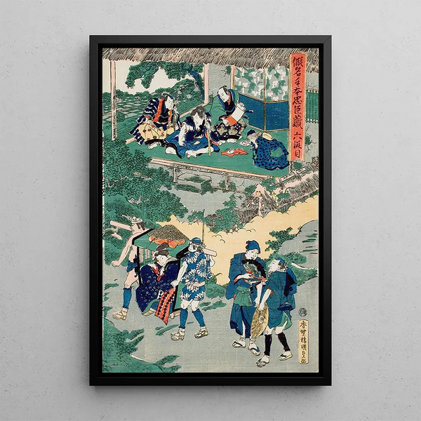 Acte VI Kampei Signant le Rouleau des Quarante-Sept Rônin Okaru après avoir été Vendue est Emmenée en Palanquin au Bordel de Kyoto - Utagawa Kunisada Toyokuni III — framed artwork on a wall