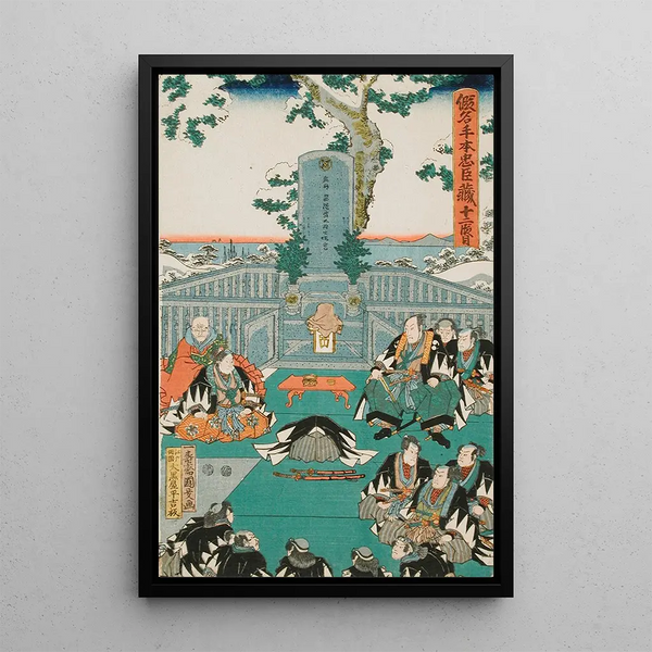 Act XI Scene End The Rônin Paying Tribute to Enya's Tomb at Sengakuji Temple Having Brought Moronao's Head as an Offering - Utagawa Kunisada Toyokuni III — framed artwork on a wall