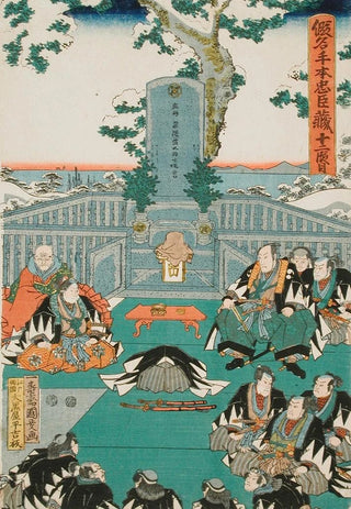 Act XI Scene End The Rônin Paying Tribute to Enya's Tomb at Sengakuji Temple Having Brought Moronao's Head as an Offering - Utagawa Kunisada Toyokuni III — artwork view