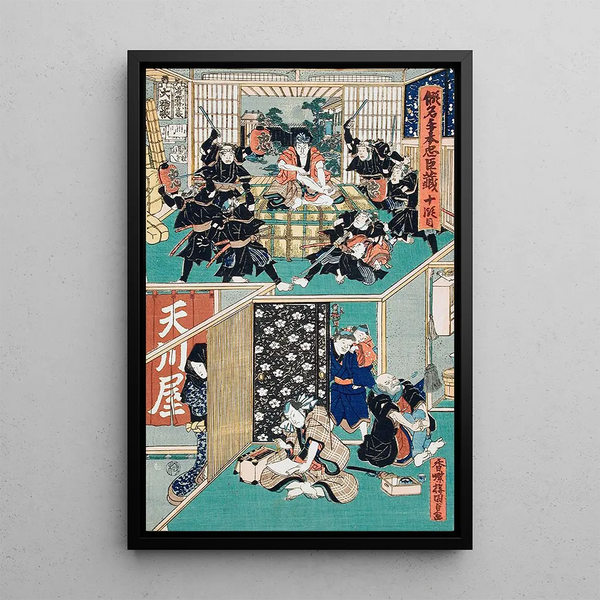 Acte X Gihei Prouvant Sa Loyauté Defies the Rônin to Move It Gihei Writing a Divorce Letter in Front of His Father-in-Law - Utagawa Kunisada Toyokuni III — framed artwork on a wall