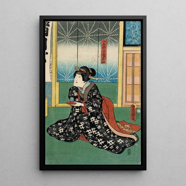 Actor in a Role of Kogorô Osen's Wife in the Play Na ni Takashi Mariuta Jitsuroku - Utagawa Kunisada Toyokuni III — framed artwork on a wall